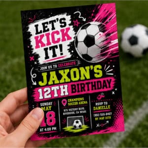 Football Birthday Invitation for girls featuring a pink soccer design, sporty details, and editable text fields.