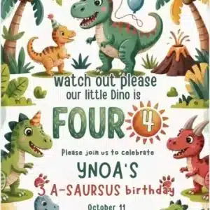 Four Rex Dinosaur 4th Birthday Invitation Template