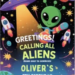 Neon Galaxy Alien Birthday Invitation - Out of This World Space Party Invite