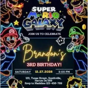 Neon Super Mario Galaxy Birthday Invitation Template