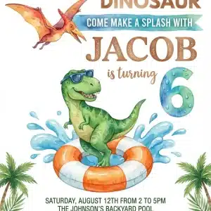 Dinosaur Pool Party Invitation - Editable Dino Swim Birthday Invite