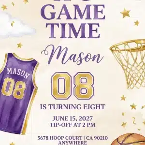 Purple and Yellow Basketball Birthday Invitation Template