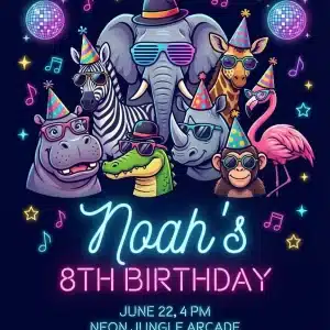 Neon Animal Birthday Invitation Template | Glow Party Theme