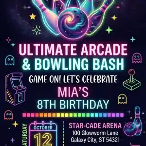 Neon Arcade & Bowling Birthday Invitation Template