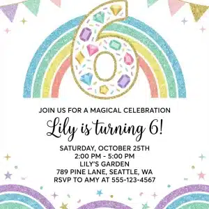 Rainbow Sequin 6th Birthday Invitation - Glitter Sparkle Girl Invite