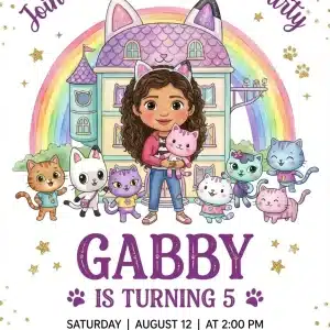 Gabby's Dollhouse Watercolor Birthday Invitation Template