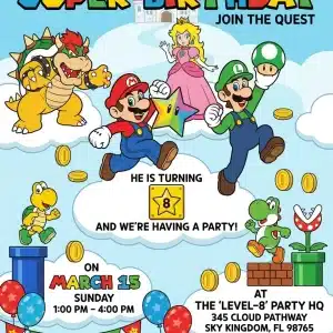 Watercolor Super Mario Birthday Invitation | Video Game Party Invite