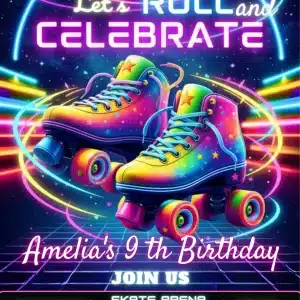 Retro Neon Roller Skating Birthday Invitation Template