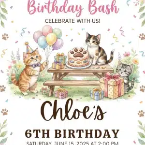 Let's Pawty Cat Birthday Invitation | Girls Party Template