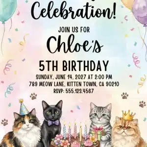 Girls Let's Pawty Cat Birthday Invitation Template