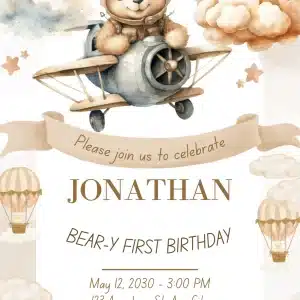 Teddy Bear Balloon First Birthday Invitation, Cute Boy Birthday Invite