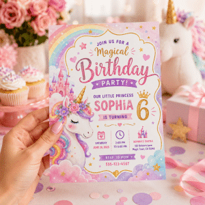 Unicorn Birthday Invitation | Canva Pastel Rainbow Magical Template