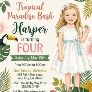 Tropical Birds Birthday Invitation, Exotic Jungle Party Invite