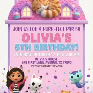 Gabby's Dollhouse Birthday Invitation - Editable Kitty Party Template