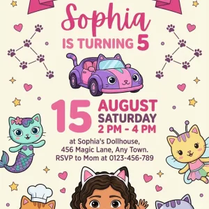 Gabby's Dollhouse Kitty Birthday Invitation Template
