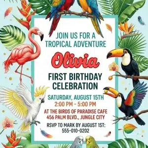 Tropical Birds Birthday Invitation, Jungle Bird Kids Party Invite