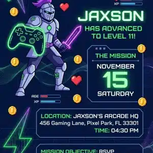Level Up Video Game Birthday Party Invitation - Neon Arcade Theme