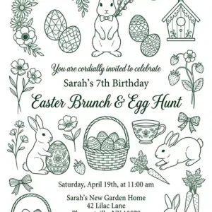Green Bunny Easter Brunch Invitation - Hand Drawn Rabbit & Baskets