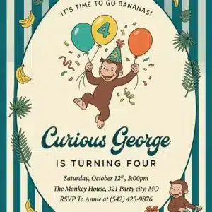 Curious George Birthday Invitation - Modern Minimalist Digital Template