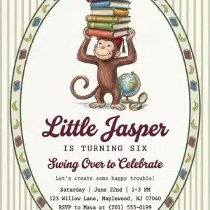 Vintage Curious George Birthday Invitation - Classic Monkey Theme