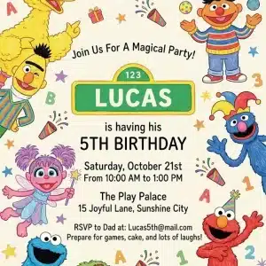 Sesame Street Watercolor Birthday Invitation | Pastel Kids Theme