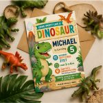 Dino Pool Party Birthday Invitation featuring colorful dinosaur artwork and a bright swimming pool celebration design.