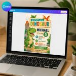 Dinosaur Summer Pool Party Invitation featuring playful dinosaurs enjoying a tropical poolside birthday celebration.