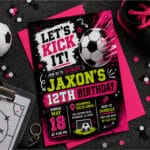 Let's Kick It Pink Soccer Party Invitation featuring playful soccer graphics and a stylish pink birthday theme.