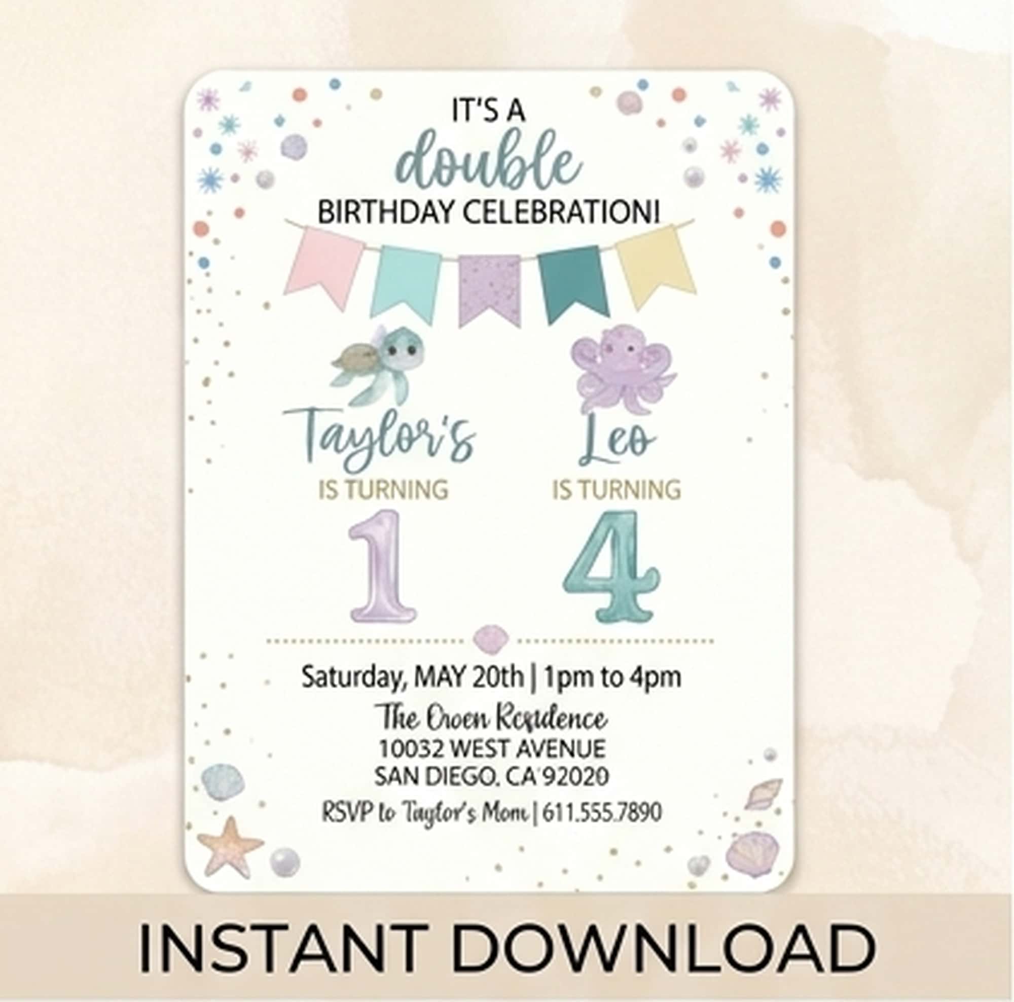 Editable Joint Birthday Invitation for Siblings or Twins | Colorful Double Party Template