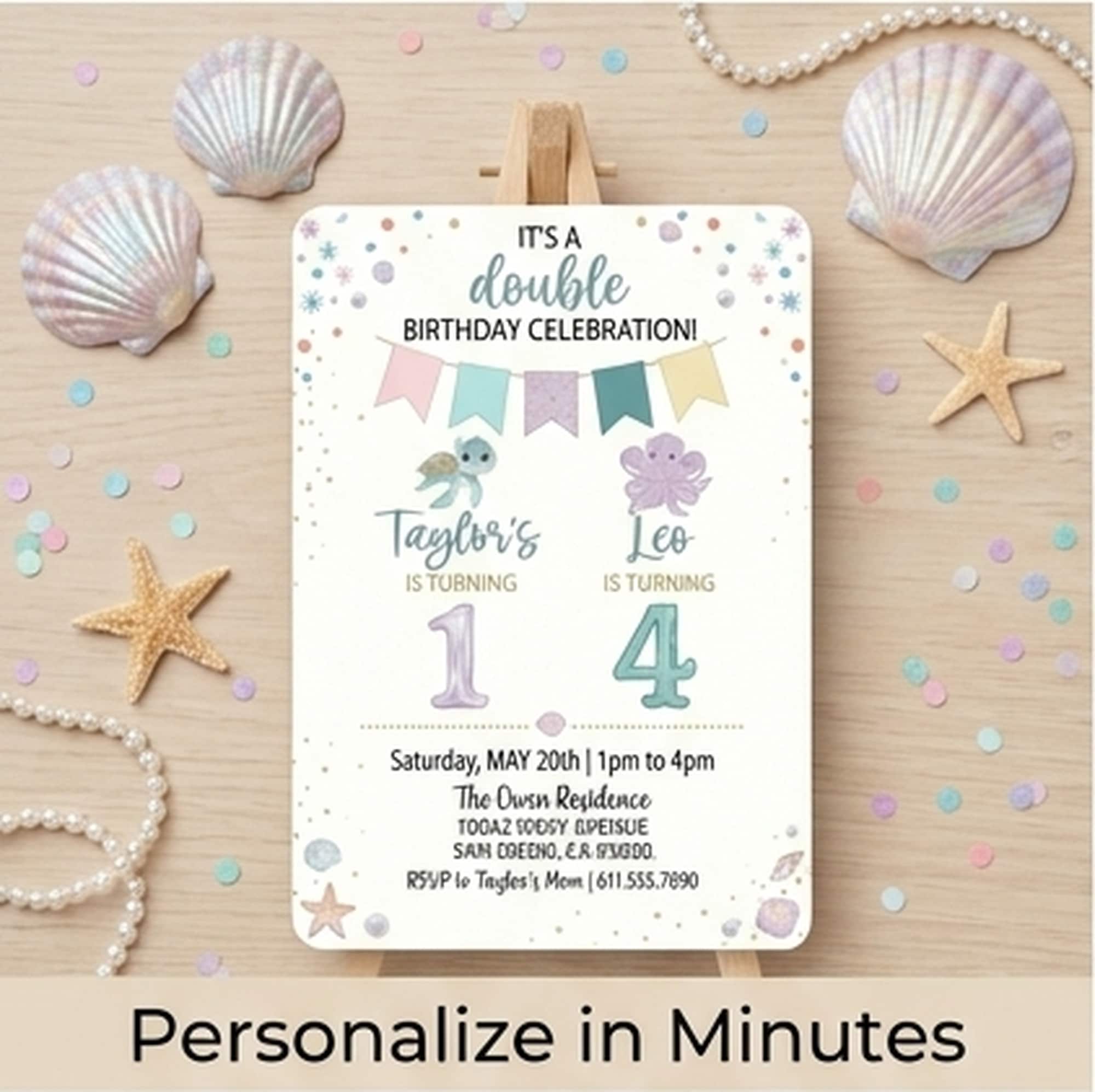 Editable Joint Birthday Invitation for Siblings or Twins | Colorful Double Party Template