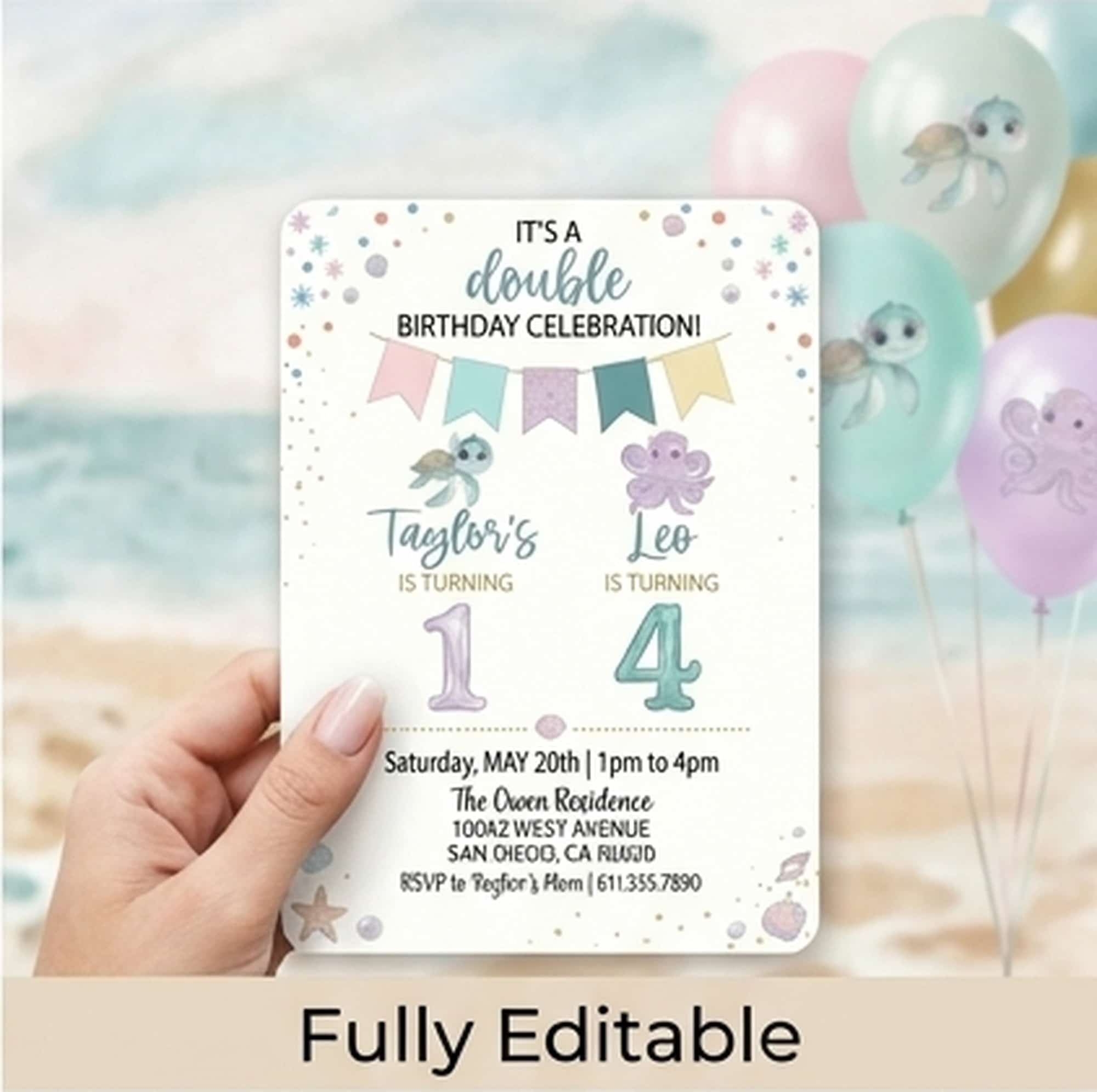 Editable Joint Birthday Invitation for Siblings or Twins | Colorful Double Party Template