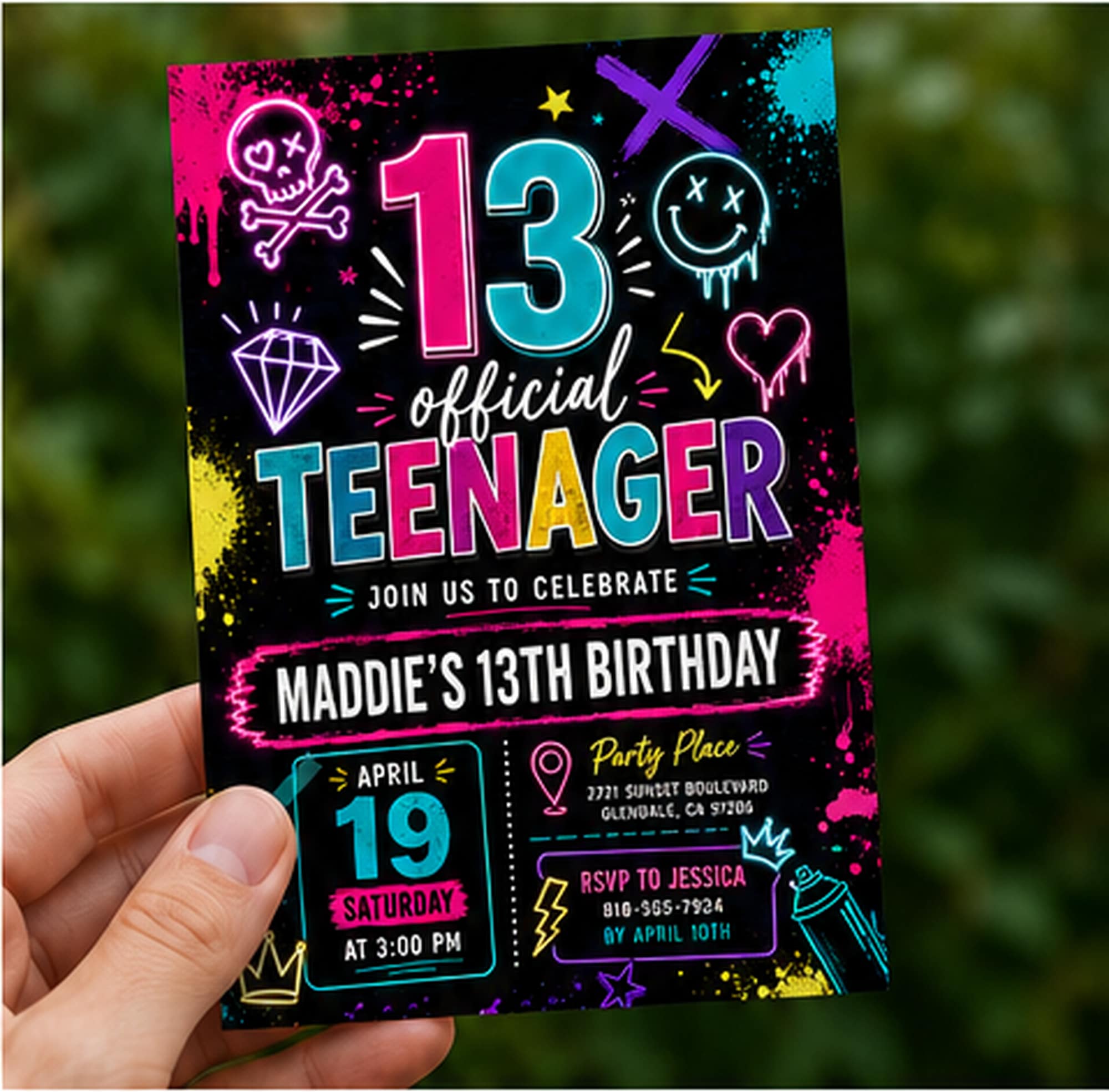 Pink Graffiti Girl Birthday Invitation featuring fashionable urban artwork, neon glow effects, and customizable party details.