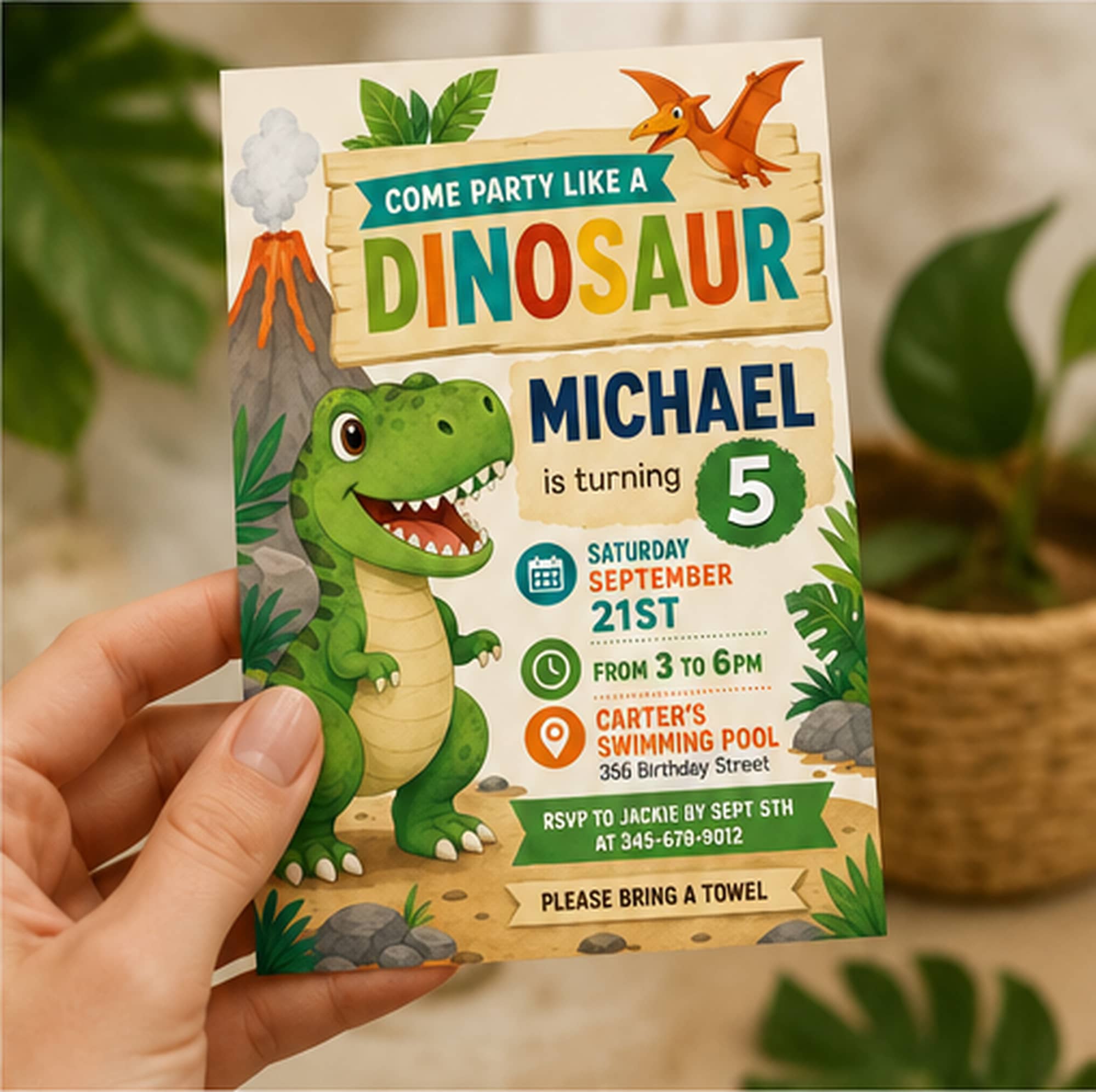 Printable Dinosaur Pool Party Invite with tropical decorations, swimming dinosaurs, and editable birthday party details.