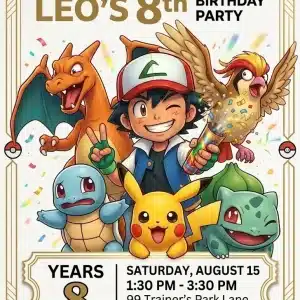 Pikachu & Charizard Pokemon 7th Birthday Invitation Template