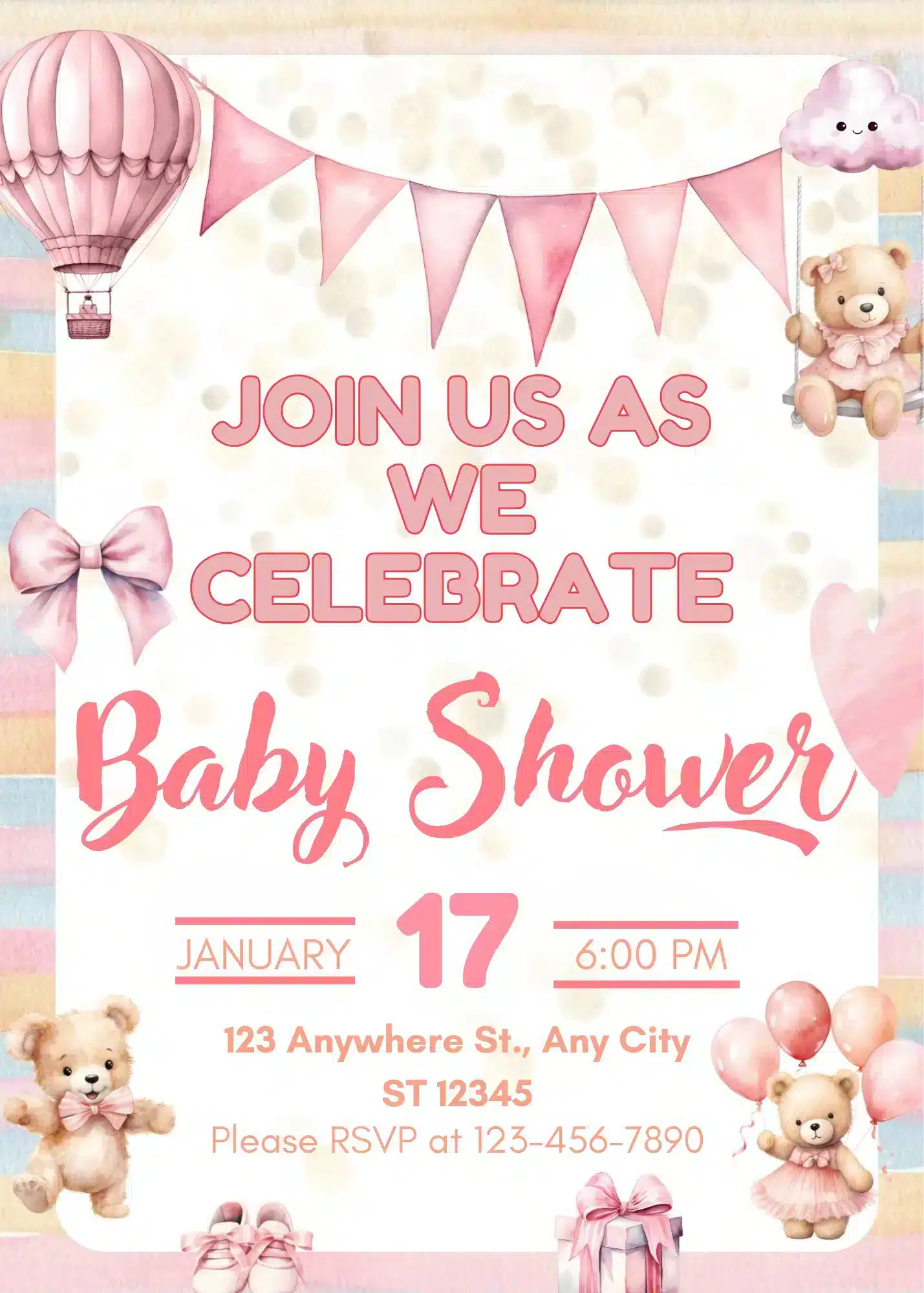 Neutral Teddy Bear Baby Shower Invitation Template