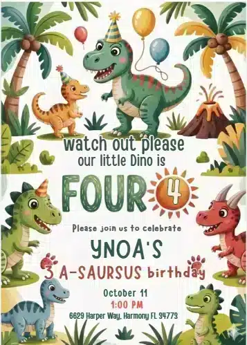 Four Rex Dinosaur 4th Birthday Invitation Template