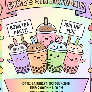 Cute Boba Tea Birthday Invitation - Pastel Cartoon Party Invite