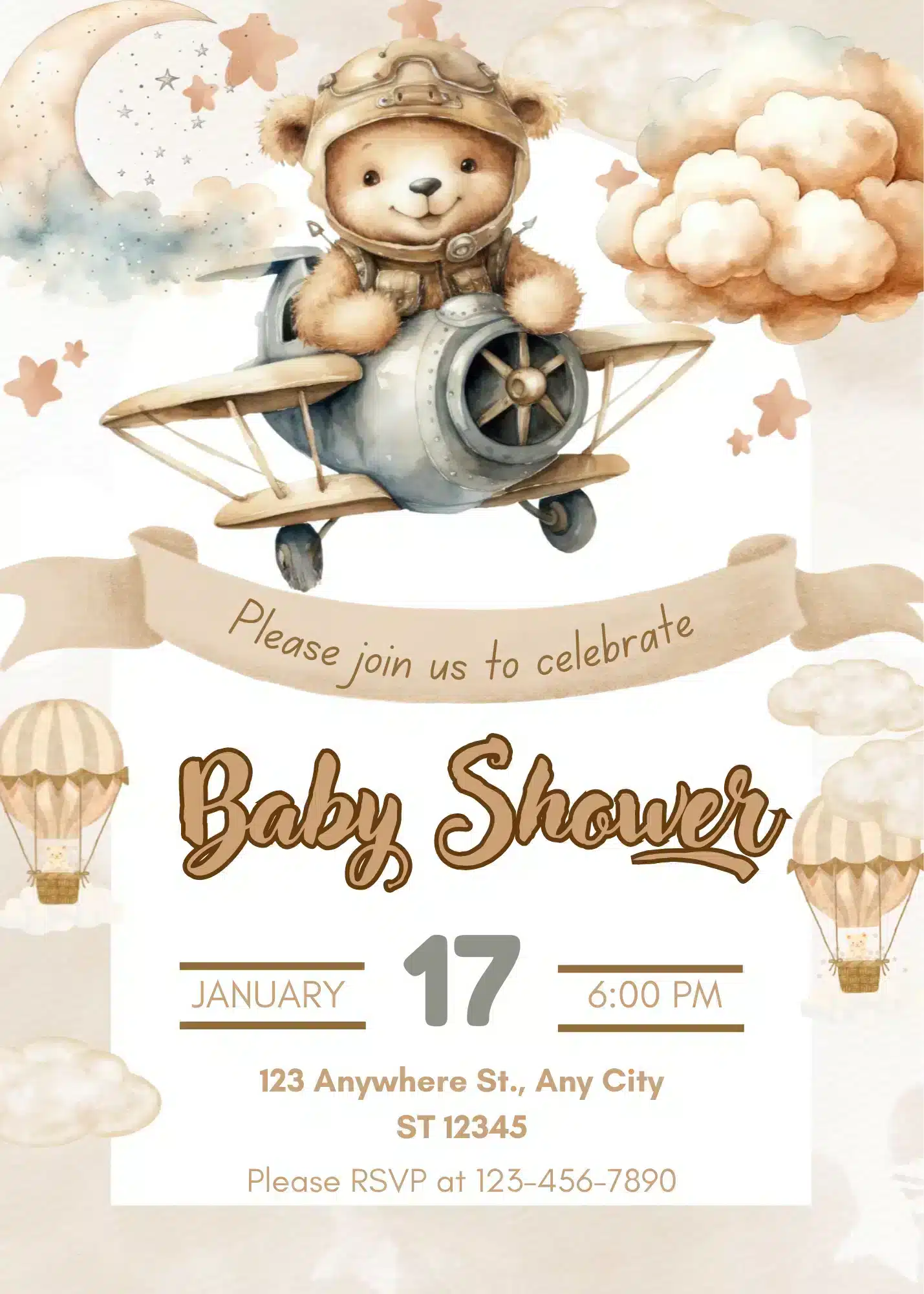 Teddy Bear & Balloons Neutral Baby Shower Invitation