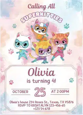 Neon Super Kitties Birthday Invitation - Glow Party Theme