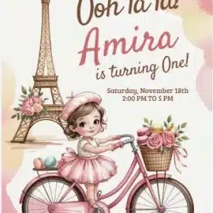 Parisian Macaron First Birthday Invitation - Watercolor Pink & Gold