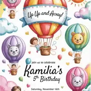 Pastel Hot Air Balloon Animal Birthday Invitation Template