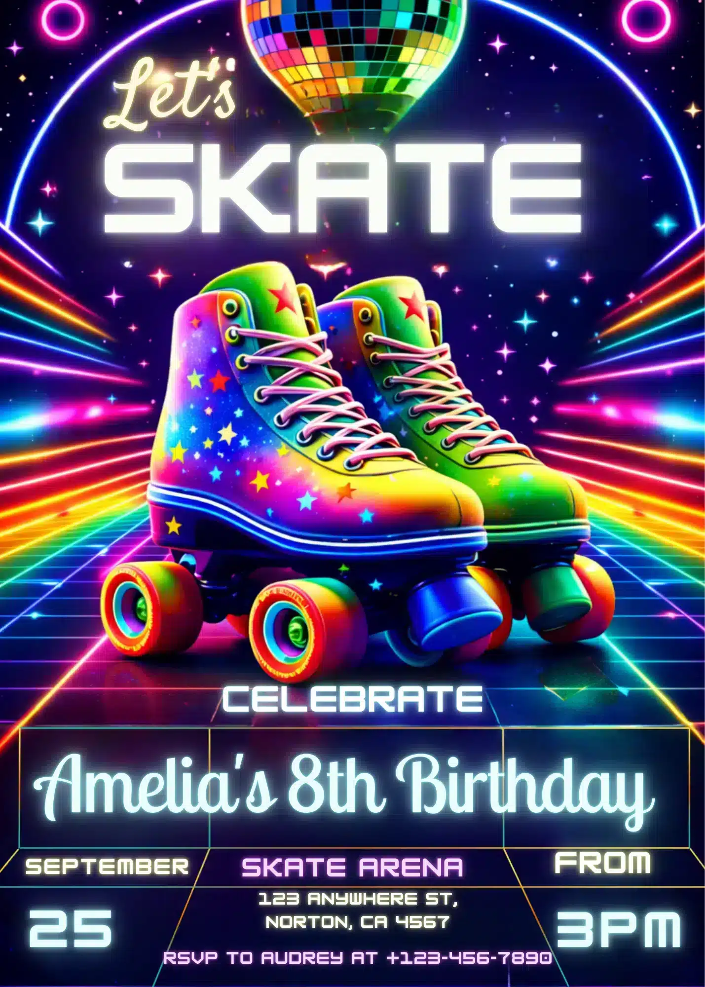 Neon Retro Roller Skating Birthday Invitation Template