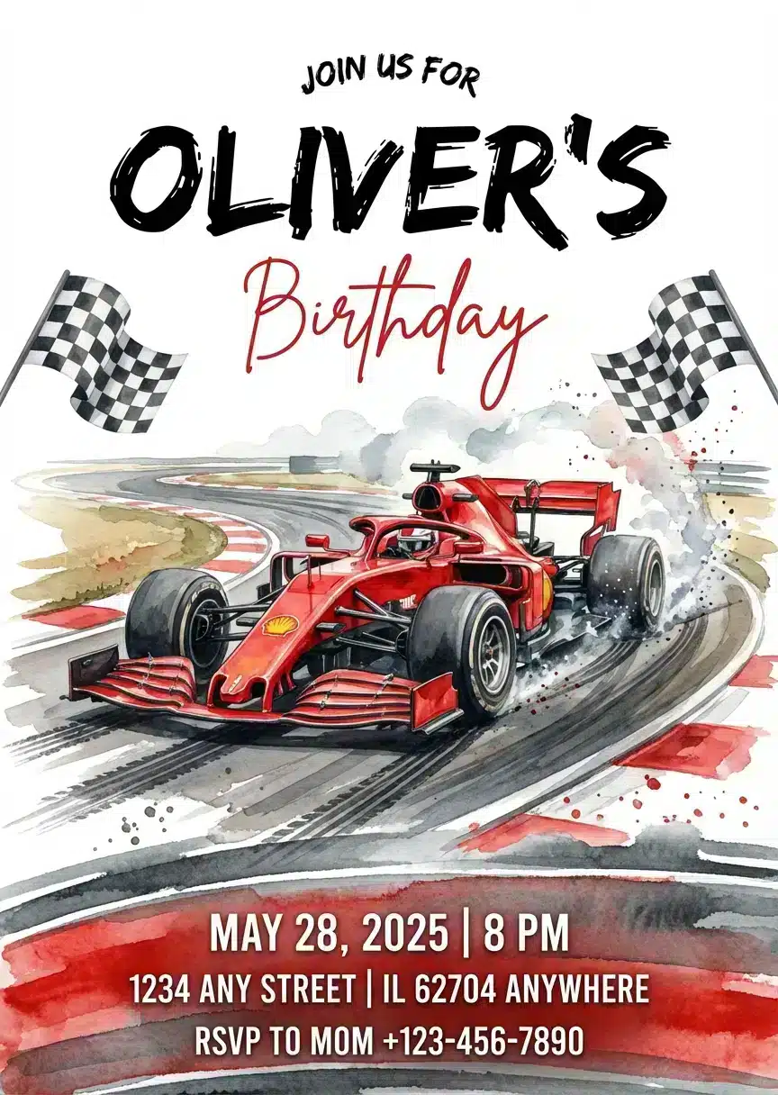 Race Car F1 Birthday Invitation - Boys Racing Party Template