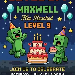 Minecraft Gamer Birthday Invitation | Editable Pixel Party Invite