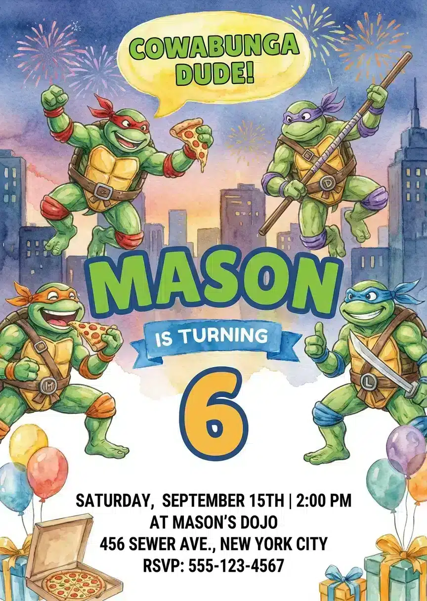 Ninja Turtle Birthday Invitation - Editable Kids Hero Party Invite
