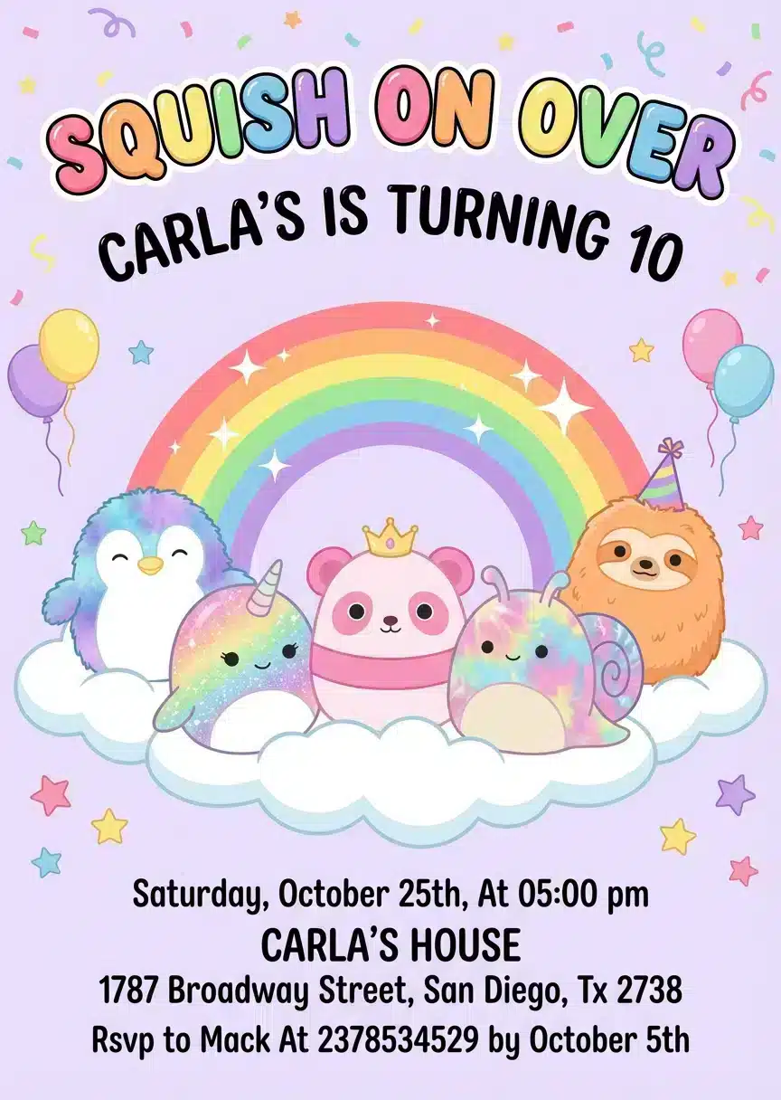 Squishmallow Birthday Invitation | Cute Kawaii Plushie Party Invite