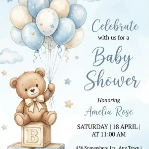 Brown Bear Baby Shower Invitation - Blue Balloon Boy Theme