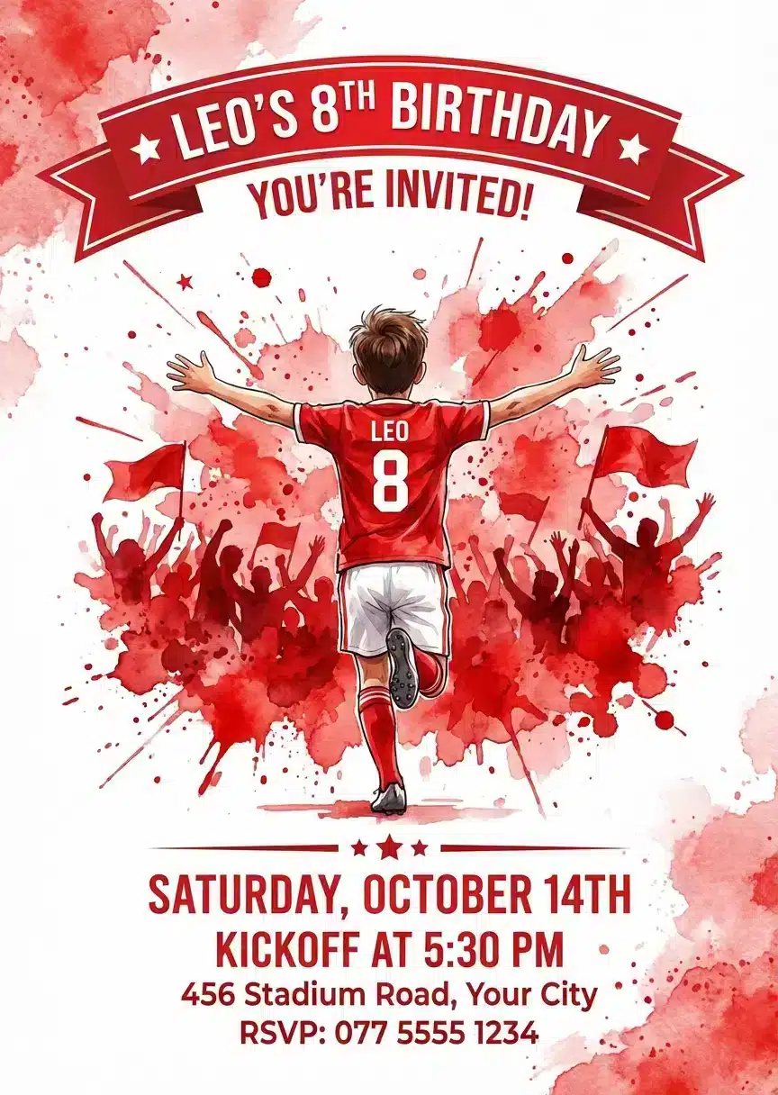 Arsenal FC Football Birthday Invitation | Editable Soccer Party Template