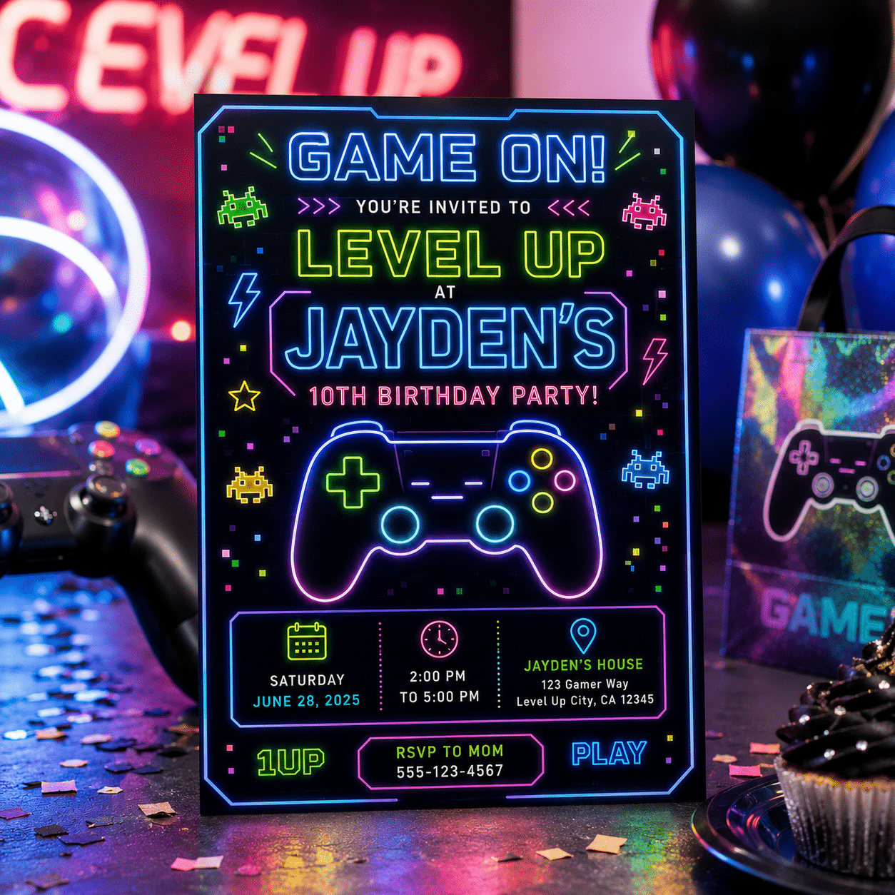 Neon Video Game Birthday Invitation | Canva Gamer Party - Image 3