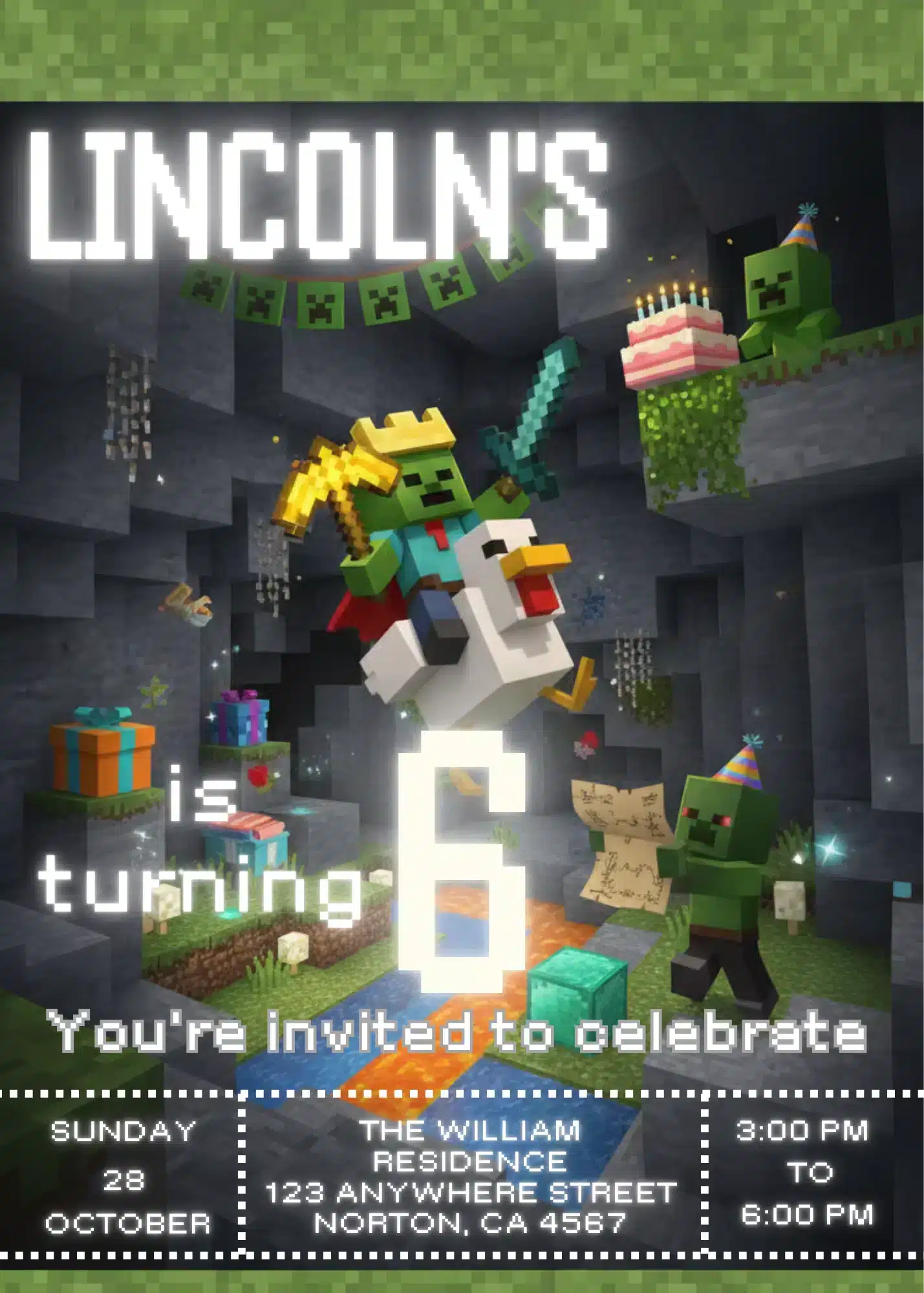Gamer Adventure Pixel Block Party Birthday Invitation